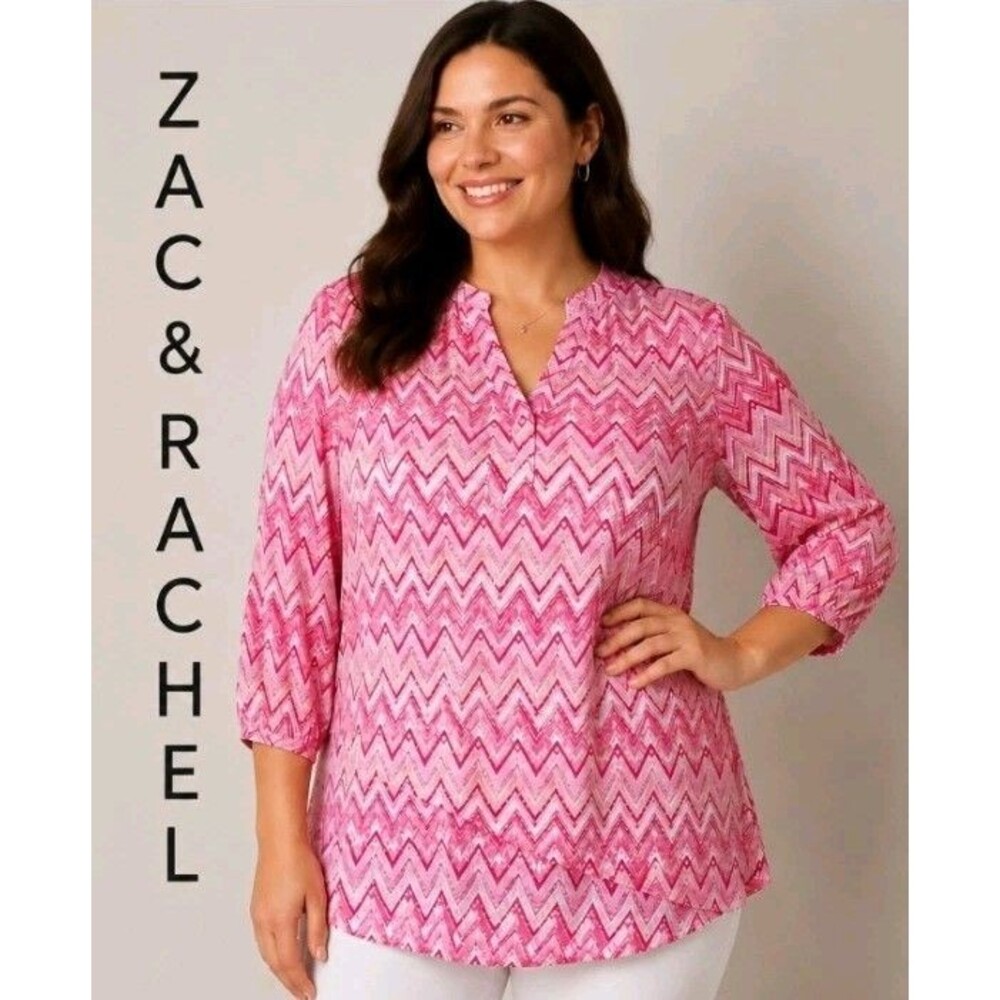 ZAC & RACHEL Womens L Zig-Zag Print Hi-Lo V-Neck Abstract Polyester Pink Top